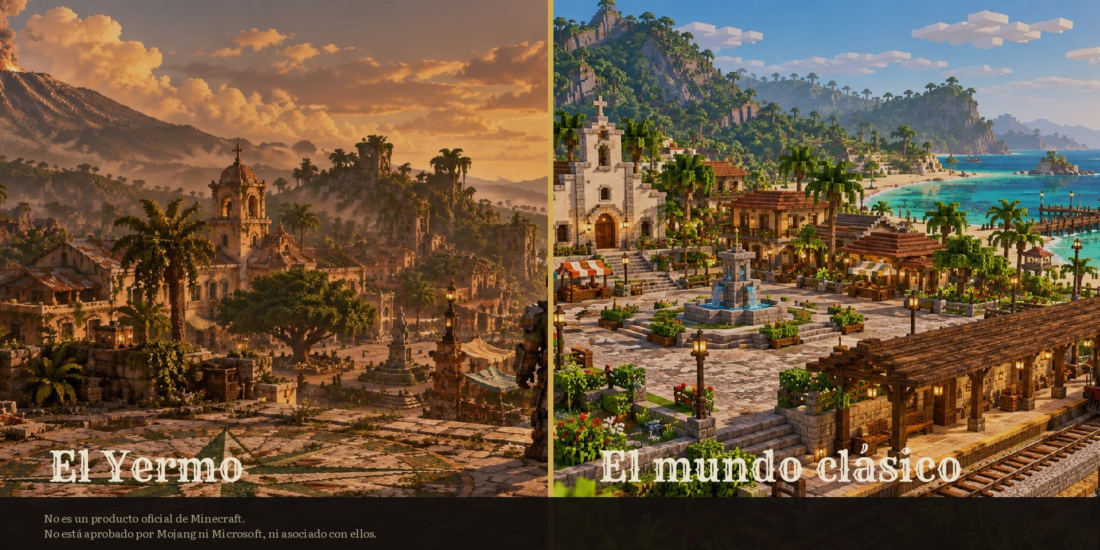 Dos paisajes lado a lado: el Yermo, en ruinas bajo un volcán, y el mundo clásico, un pueblo junto al mar con tren.