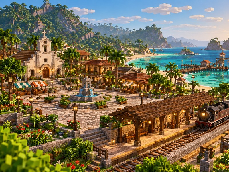 Un pueblo junto al mar, con iglesia, fuente, una estación y un tren.