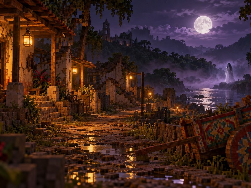 Un pueblo de noche, con luna llena y una figura pálida a la orilla del río, junto a una carreta pintada.